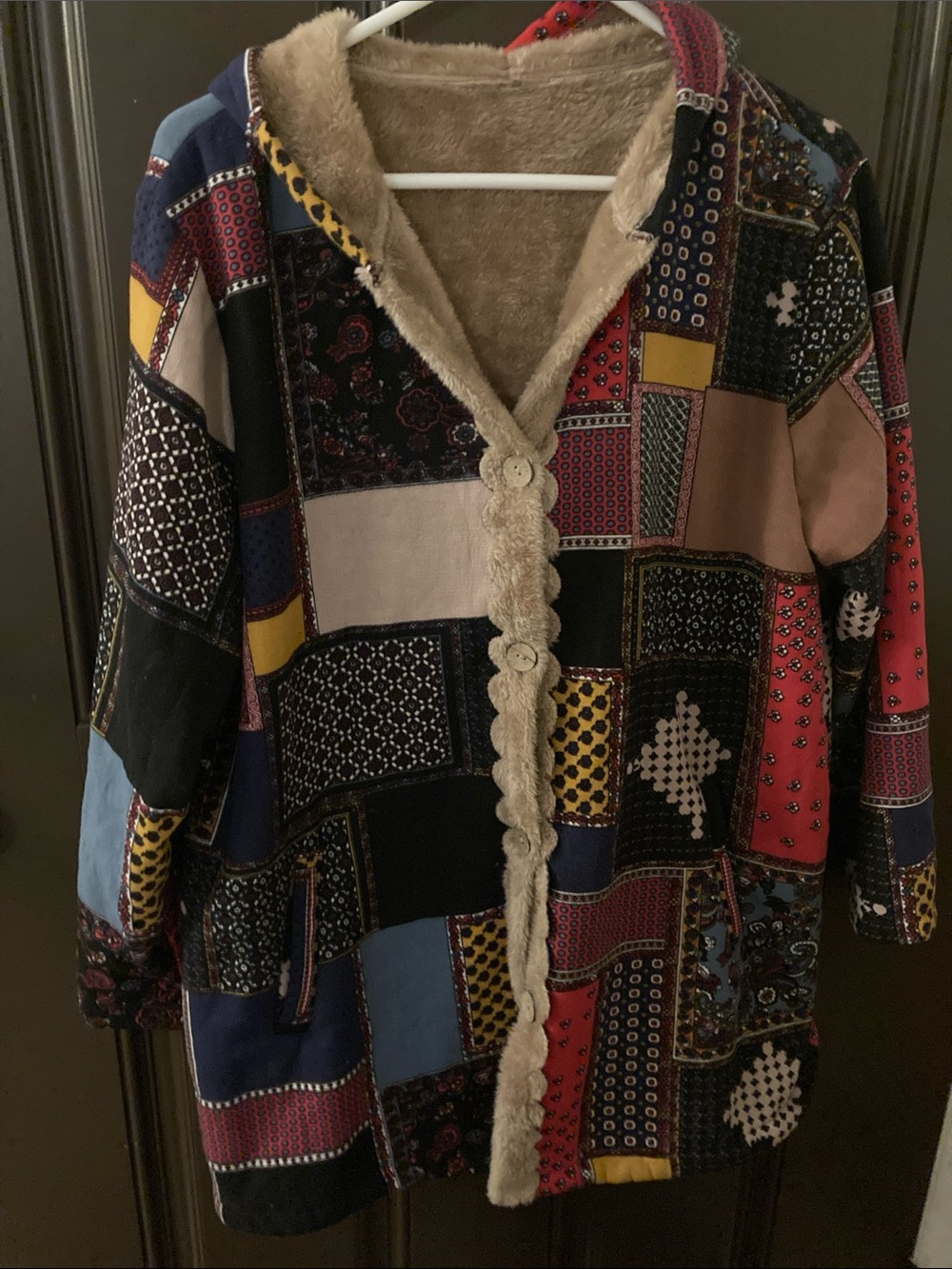 Vintage Multicolor Patchwork Teddy Jacket with Faux-Fur Trim hooded